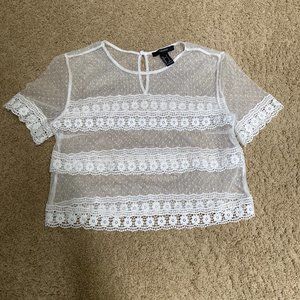 Forever 21 white short sleeve cropped mesh and lace top